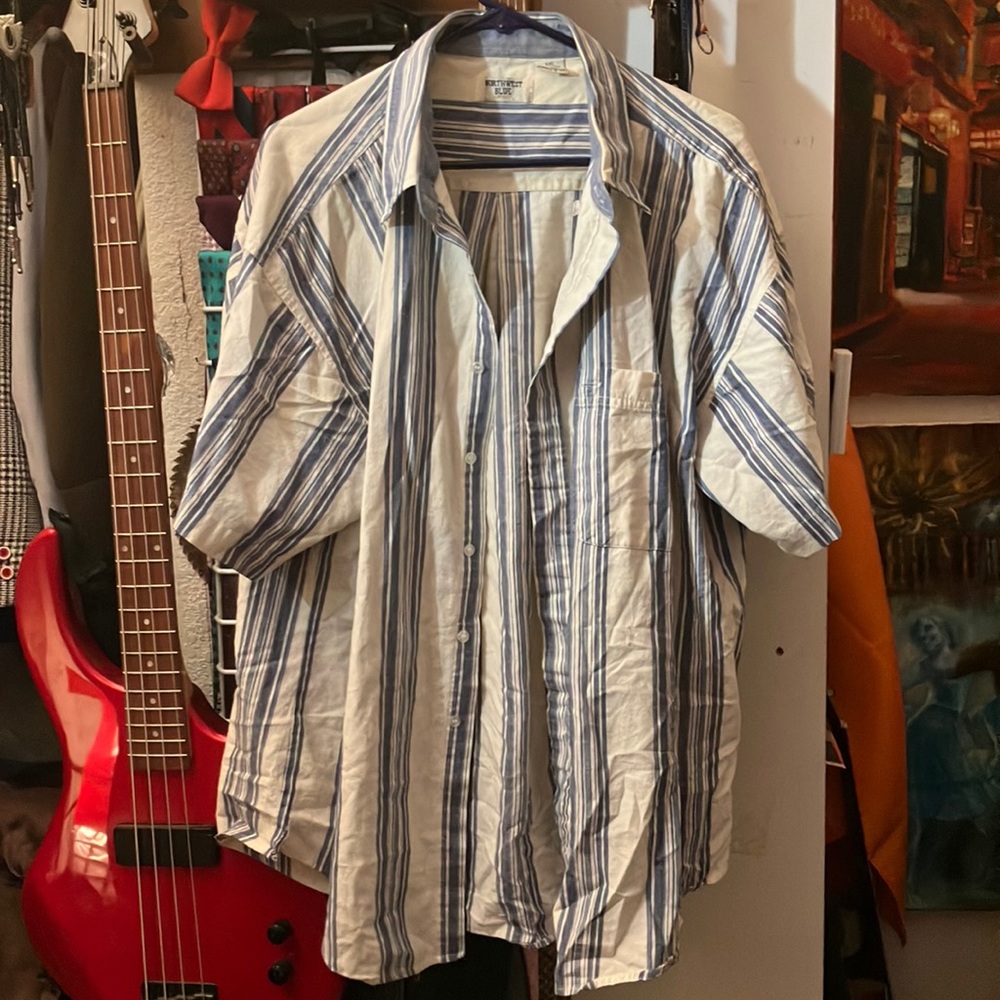 Blue and white Cuban collar shirt